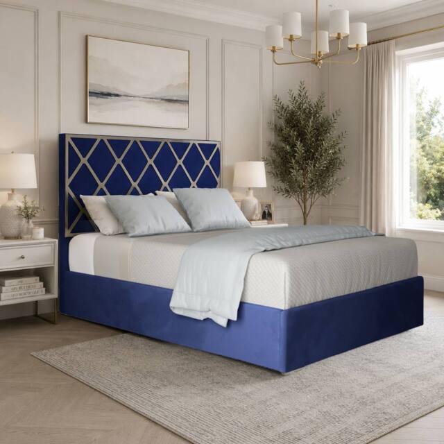 Casani Sturry Upholstered Soft Velvet Blue Metal Designer Bed Frame - Size: Small Double - image 1