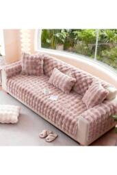 Living and Home Sleek Textured Plush Sofa Cover in Pink - Size: Large - thumbnail 3