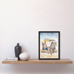 Artery8 Elderly Couple Enjoying A Summer Beach Day Watercolour Illustration Artwork Framed Wall Art Print A4 in Black - thumbnail 2