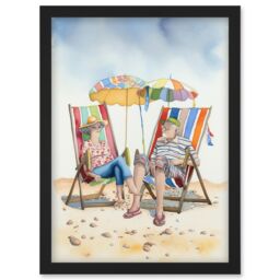 Artery8 Elderly Couple Enjoying A Summer Beach Day Watercolour Illustration Artwork Framed Wall Art Print A4 in Black - thumbnail 1