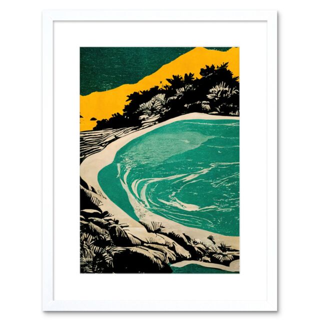 "Artery8 Wall Art Print Beach Lagoon Abstract Marbled Seascape Mustard Teal Artwork Framed 9X7 Inch in White - Size: W7"" x H9""" - image 1
