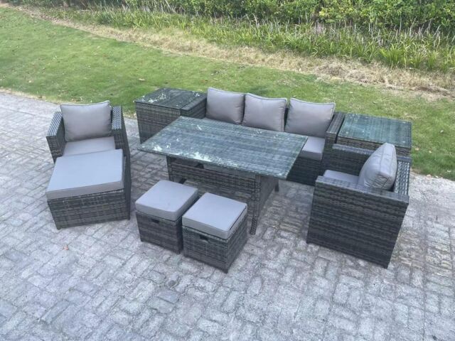 Fimous Garden Furniture Set Patio Rattan Dining Table Lounge Sofa Chair 3 Footstools in Dark Grey - image 1