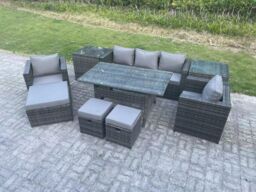 Fimous Garden Furniture Set Patio Rattan Dining Table Lounge Sofa Chair 3 Footstools in Dark Grey - thumbnail 2