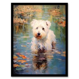 "Artery8 Wall Art Print West Highland Terrier Autumn Lake Walk Claude Monet Style Dog Oil Painting Art Framed in Black - Size: W12"" x H16""" - thumbnail 1