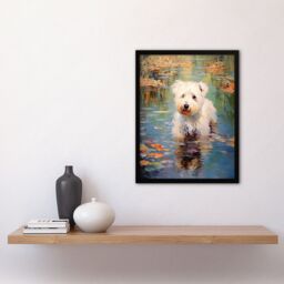 "Artery8 Wall Art Print West Highland Terrier Autumn Lake Walk Claude Monet Style Dog Oil Painting Art Framed in Black - Size: W12"" x H16""" - thumbnail 4