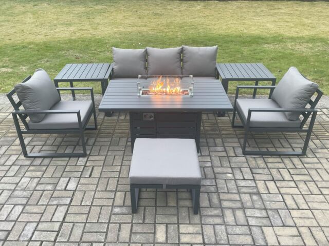Fimous Aluminium Outdoor Garden Furniture Set Gas Fire Pit Dining Table Set Gas Heater Burner with 2 Arm Chair 2 Side Tables Big Footstool - image 1
