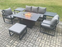 Fimous Aluminium Outdoor Garden Furniture Set Gas Fire Pit Dining Table Set Gas Heater Burner with 2 Arm Chair 2 Side Tables Big Footstool - thumbnail 2