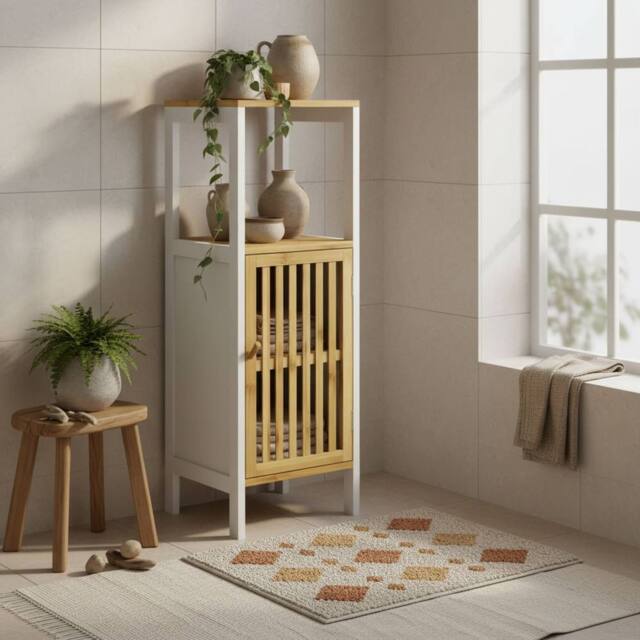 Wyld Haus Liba Retro Bamboo Style Bathroom Storage Cabinet White & Natural - image 1