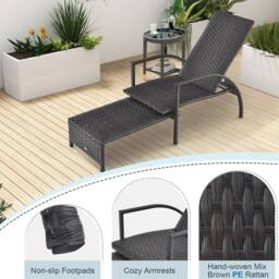 Costway Outdoor Rattan Lounge Chair 5-Level Adjustable Chaise Lounger Wicker Recliner in Dark Brown - thumbnail 4