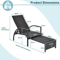 Costway Outdoor Rattan Lounge Chair 5-Level Adjustable Chaise Lounger Wicker Recliner in Dark Brown - thumbnail 2