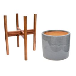 Ivyline Anzio Warm Grey Planter with Wooden Stand, H38.5cm x D24cm - On trend design - perfect for larger plants - Ceramic planter in Mid Grey - thumbnail 4