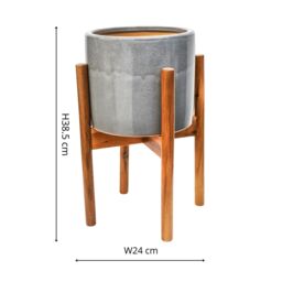 Ivyline Anzio Warm Grey Planter with Wooden Stand, H38.5cm x D24cm - On trend design - perfect for larger plants - Ceramic planter in Mid Grey - thumbnail 3