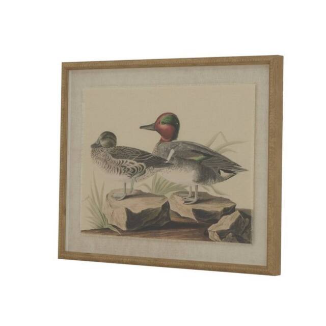 Lemon Pavilion Furniture and Decor Flora & Fauna Collection Teals on Linen in Beaded Frame in Brown