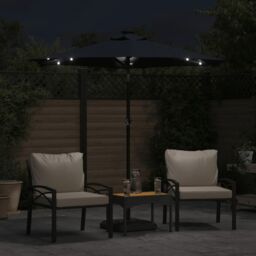 Berkfield Home Garden Parasol with LEDs & Steel Pole Black 225x225x212cm - Size: 225 x 225 x 212 cm - thumbnail 3