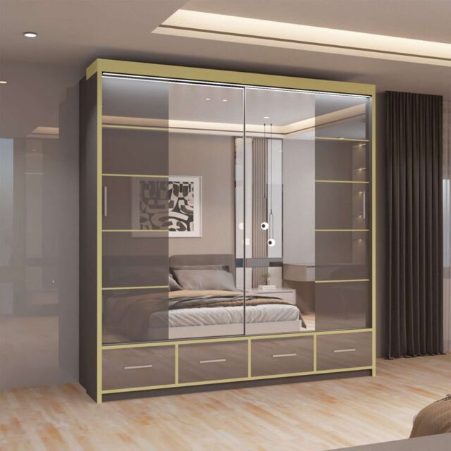 MN Furniture High Gloss Sliding Mirror Wardrobe - LED Light 203cm x 220cm in Grey - Size: 203 cm x 220 cm - image 1
