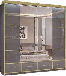 MN Furniture High Gloss Sliding Mirror Wardrobe - LED Light 203cm x 220cm in Grey - Size: 203 cm x 220 cm - thumbnail 2