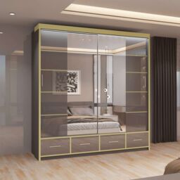 MN Furniture High Gloss Sliding Mirror Wardrobe - LED Light 203cm x 220cm in Grey - Size: 203 cm x 220 cm - thumbnail 1