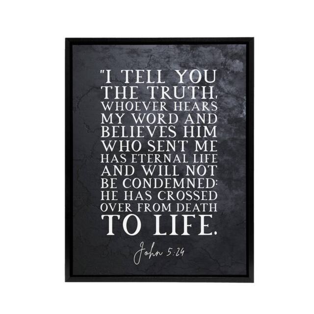 "Artery8 John 5 24 Whoever Hears My Word & Bible Quote Framed Canvas Wall Art Print in Grey - Size: W12"" x H16""" - image 1