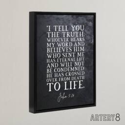 "Artery8 John 5 24 Whoever Hears My Word & Bible Quote Framed Canvas Wall Art Print in Grey - Size: W12"" x H16""" - thumbnail 2
