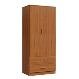 VOGREX 2-Door 2-Drawer Wardrobe with Hanging Rail in Brown - thumbnail 1