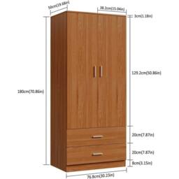VOGREX 2-Door 2-Drawer Wardrobe with Hanging Rail in Brown - thumbnail 2