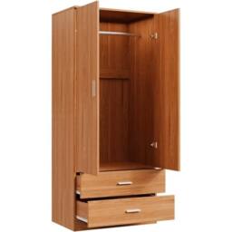 VOGREX 2-Door 2-Drawer Wardrobe with Hanging Rail in Brown - thumbnail 3