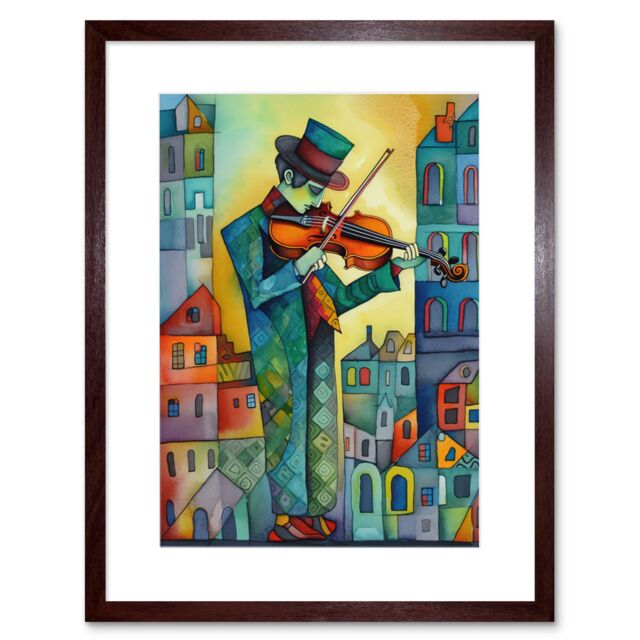 "Artery8 Wall Art Print Fiddler On The Roof Folk Art Watercolour Painting Artwork Framed 9X7 Inch in Brown - Size: W7"" x H9""" - image 1