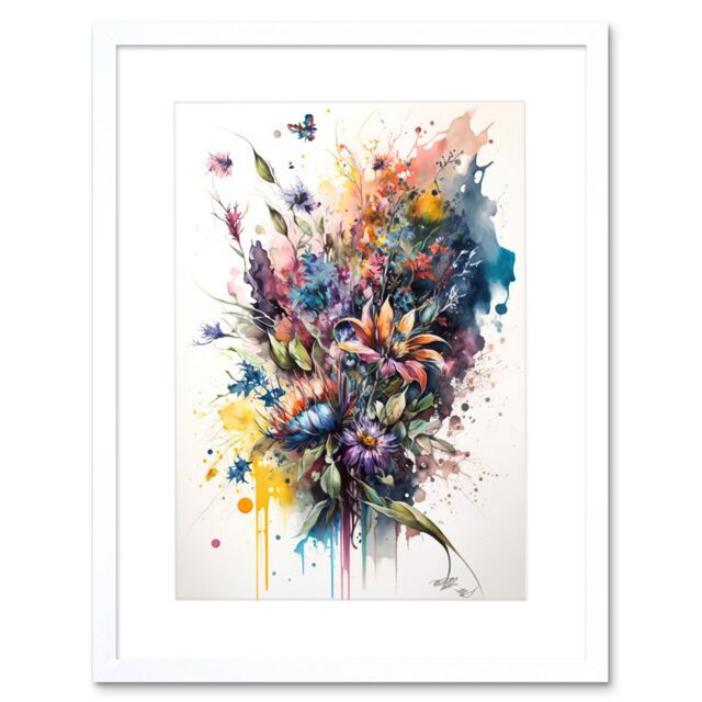 "Artery8 Wall Art Print Flower Bouquet over Watercolour Splat Artwork Framed 9X7 Inch in White - Size: W7"" x H9""" - image 1