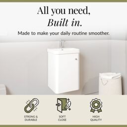 Balterley Bathroom Wall Hung Single Door Vanity Ceramic Basin, White, 405mm in White - thumbnail 2