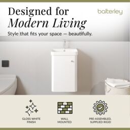 Balterley Bathroom Wall Hung Single Door Vanity Ceramic Basin, White, 405mm in White - thumbnail 3
