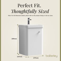 Balterley Bathroom Wall Hung Single Door Vanity Ceramic Basin, White, 405mm in White - thumbnail 5