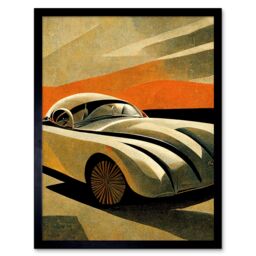 "Artery8 Wall Art Print Art Deco Vintage Sports Car Sunset Art Framed in Black - Size: W12"" x H16""" - thumbnail 1