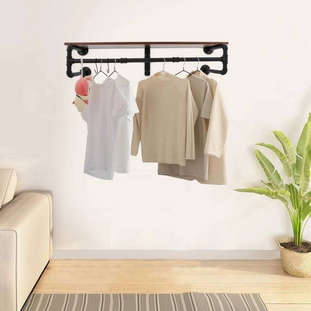 VOGREX 104cm Black Iron Wood Wall Coat Rack Entryway Bedroom in Brown - image 1