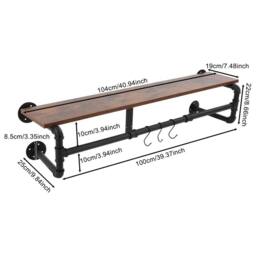 VOGREX 104cm Black Iron Wood Wall Coat Rack Entryway Bedroom in Brown - thumbnail 2