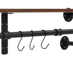 VOGREX 104cm Black Iron Wood Wall Coat Rack Entryway Bedroom in Brown - thumbnail 3
