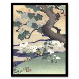 "Artery8 Tree & Chrysanthemums Vintage Japan Framed Wall Art Print Tsukioka in Green - Size: W12"" x H16""" - thumbnail 1