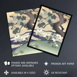 "Artery8 Tree & Chrysanthemums Vintage Japan Framed Wall Art Print Tsukioka in Green - Size: W12"" x H16""" - thumbnail 2