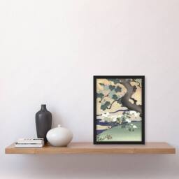 "Artery8 Tree & Chrysanthemums Vintage Japan Framed Wall Art Print Tsukioka in Green - Size: W12"" x H16""" - thumbnail 4