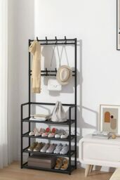 Living and Home 4 Tier Shoe Shelf Storage Organizer with Hooks Clothes Hanger Garment Rack in Black - thumbnail 2