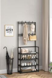 Living and Home 4 Tier Shoe Shelf Storage Organizer with Hooks Clothes Hanger Garment Rack in Black
