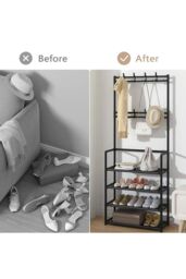 Living and Home 4 Tier Shoe Shelf Storage Organizer with Hooks Clothes Hanger Garment Rack in Black - thumbnail 5