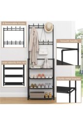 Living and Home 4 Tier Shoe Shelf Storage Organizer with Hooks Clothes Hanger Garment Rack in Black - thumbnail 6