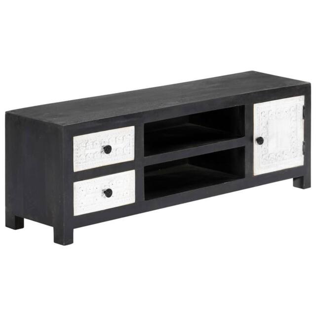Berkfield Home Hand Carved TV Cabinet Grey&White 120x30x40 cm Solid Wood Mango in Grey - Size: 120 x 30 x 40 cm