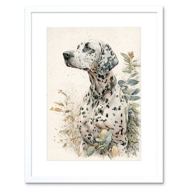"Artery8 Wall Art Print Dalmatian Dog in Field Soft Watercolour Pencil Portrait Artwork Framed 9X7 Inch in White - Size: W7"" x H9""" - image 1