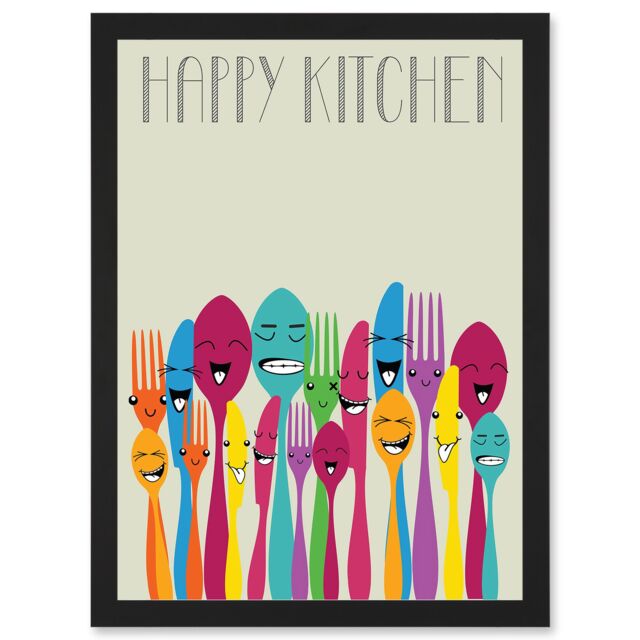 Artery8 Happy Colourful Cutlery Kitchen Food Artwork Framed Wall Art Print A4 in Black - image 1