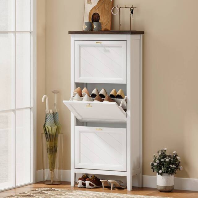 HOMCOM Shoe Cabinet with 3 Flip Drawers, Narrow Shoe Storage Cabinet, White - image 1