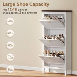 HOMCOM Shoe Cabinet with 3 Flip Drawers, Narrow Shoe Storage Cabinet, White - thumbnail 5