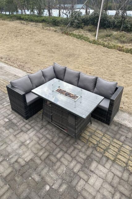 Fimous 6 Seater Outdoor Rattan Garden Corner Sofa Furniture Gas Fire Pit Table Heater in Dark Grey - image 1