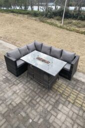 Fimous 6 Seater Outdoor Rattan Garden Corner Sofa Furniture Gas Fire Pit Table Heater in Dark Grey - thumbnail 1