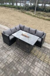 Fimous 6 Seater Outdoor Rattan Garden Corner Sofa Furniture Gas Fire Pit Table Heater in Dark Grey - thumbnail 3